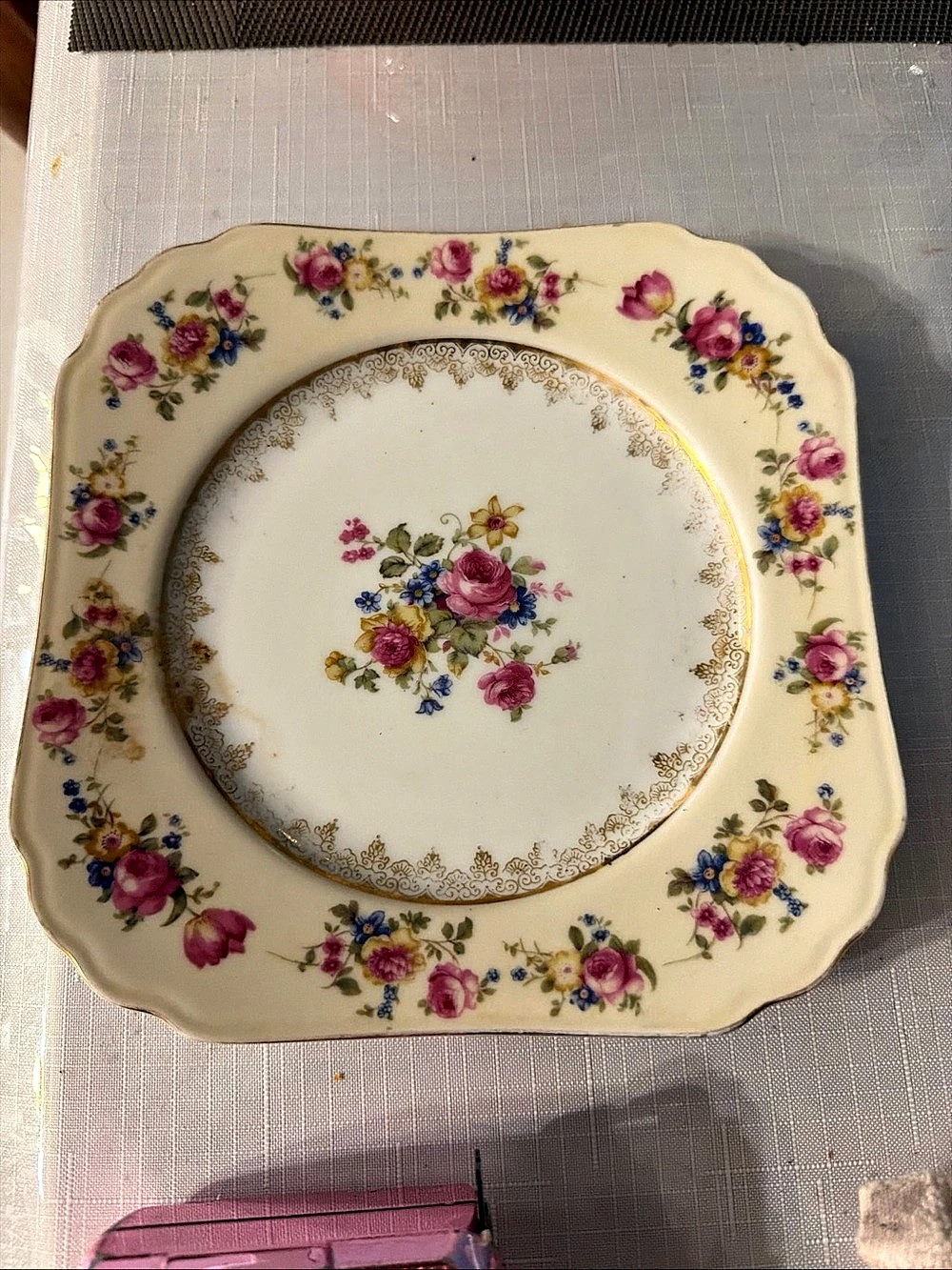 Vintage Gold Castle 7-inch Square Floral Roses & Blue Flowers Plate